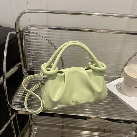 Pleated Shoulder Bag PU Leather Cloud Dumpling Handbag With Knot Handle And Detachable Strap For Women Fashion