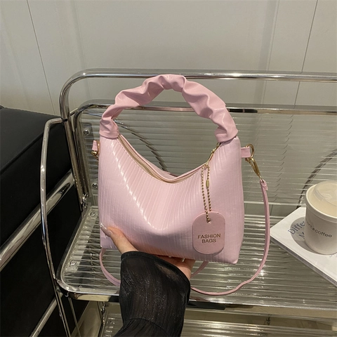 Women PU Leather Handbag Vertical Pleated Texture Cloud Handle Chic Shoulder Crossbody Bag Small Square Zipper Closure