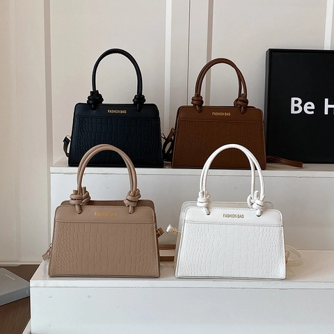 Women Crocodile Pattern PU Leather Shoulder Bag Knot Handle Crossbody Handbag Square Fashion Daily Casual