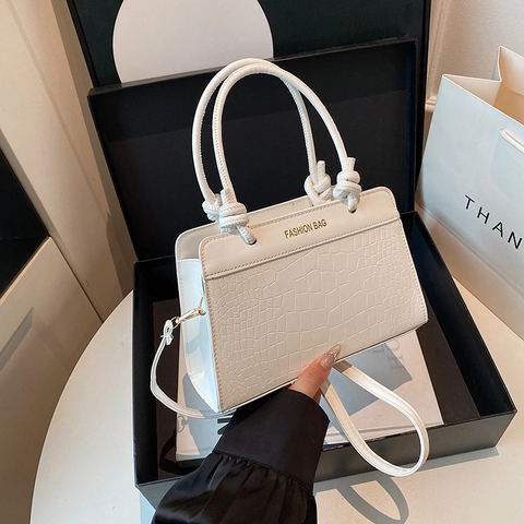 Women Crocodile Pattern PU Leather Shoulder Bag Knot Handle Crossbody Handbag Square Fashion Daily Casual