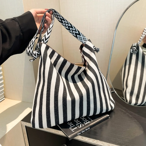 Women Striped Canvas Tote Bag Large Capacity Commuter Hobo Shoulder Bag With Geometric Pattern Wide Strap Fashionable
