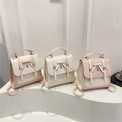 Mini Mode Rucksack Damen PU Leder Süß Schleife Herz Anhänger Color Block Preppy Stil Handtasche Lässige Reisetasche