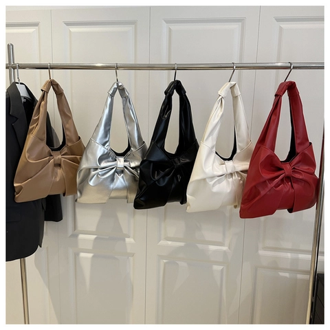 Fashion Large Bow Shoulder Bag PU Leather Slouchy Handbag Minimalist Niche Commuter Tote For Women Modern Sweet Style