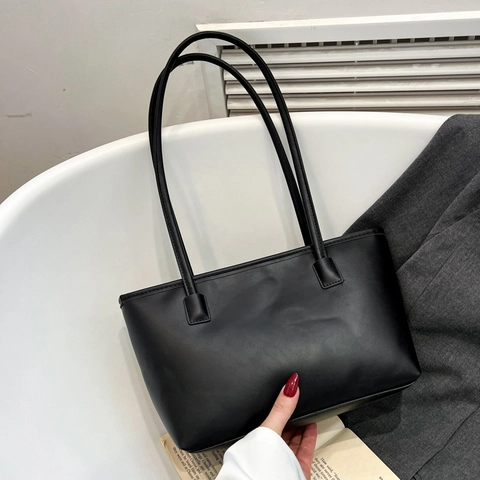 Large Capacity PU Leather Tote Bag Retro Solid Color Shoulder Handbag For Women Daily Travel Zipper Closure