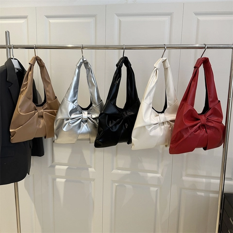 Bolso de Hombro Casual de Cuero PU para Mujer con Lazo Bolso Tote Grande Simple Bolso de Axila Moda Bolso de Mano Plisado