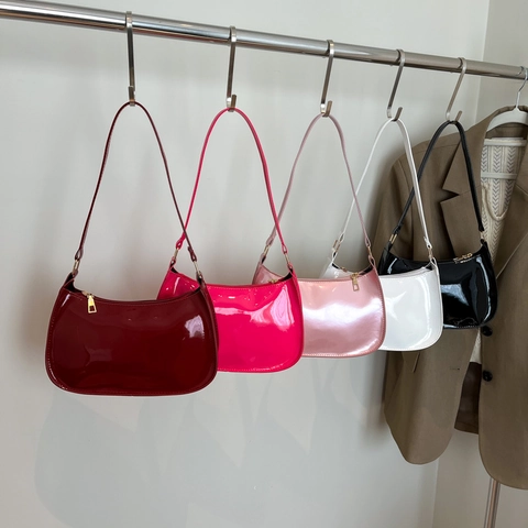 Women Patent Leather Shoulder Bag Vintage Underarm Handbag Retro Chic Solid Color PU Leather Purse For Ladies