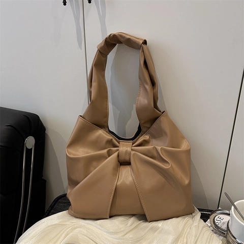 Mode Femmes PU Cuir Grand Sac Fourre-tout Sac à Main Nœud Décor Couleur Unie Carré Horizontal Navette Sac à Épaule Unique Avec Fermoir Magnétique