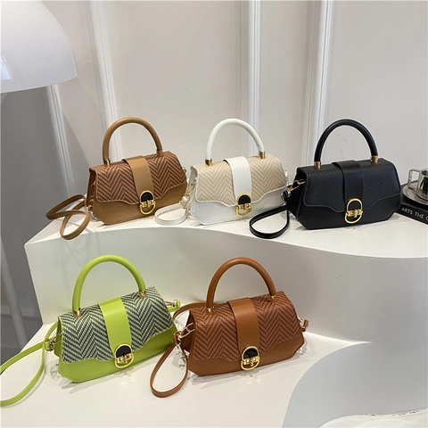 Women Shoulder Bag Patchwork PU Leather Woven Texture Handbag With Gold Lock Adjustable Strap Top Handle Elegant