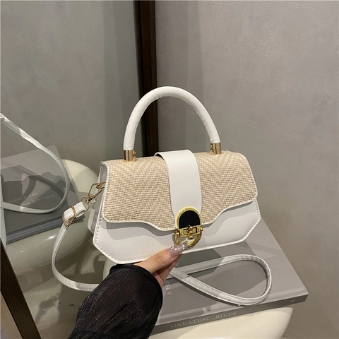 Women Shoulder Bag Patchwork PU Leather Woven Texture Handbag With Gold Lock Adjustable Strap Top Handle Elegant