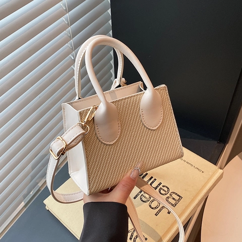 Women Mini Square Handbag PU Leather Textured Woven Shoulder Crossbody Bag Adjustable Strap Commute Trendy