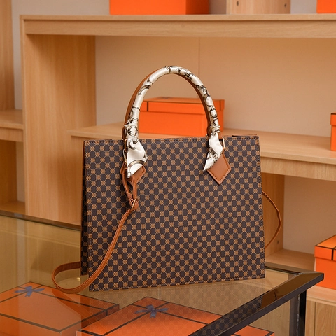 Women Vintage Geometric Pattern Tote Handbag PU Leather Scarf Wrapped Handle Retro Square Shoulder Crossbody Bag