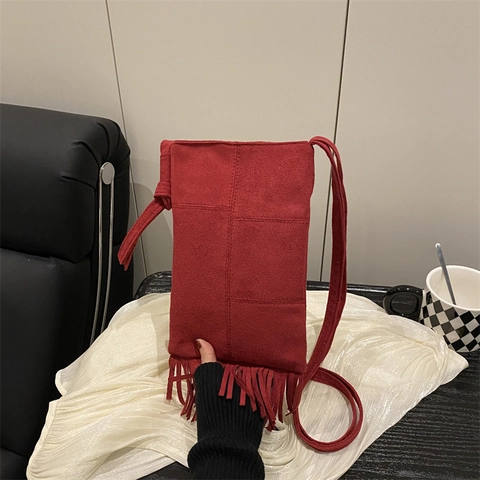 Tassel Fringe Crossbody Bag Small Suede Vertical Shoulder Phone Pouch Retro Bohemian Style Solid Color Women Bag