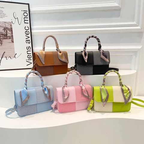 Dames Kleine Vierkante Tas PU Leer Stof Patchwork Color Block Crossbody Tas Handtas Met Satijnn Sjaal Handvat Retro Mode