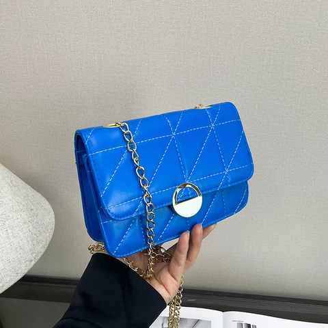Quilted PU Leather Shoulder Crossbody Bag With Gold Metal Chain Strap Round Buckle Diamond Pattern Small Square Chic For Women