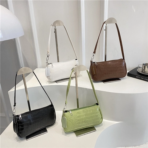 Krokodil Prägung PU Leder Baguette Achseltasche Für Frauen Vintage Schulter Handtasche Mit Reißverschluss Retro Mode