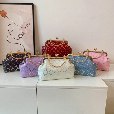Vintage Sequin Evening Bag Fish Scale Pattern Metal Handle Kiss Lock Crossbody Clutch For Women Party Wedding