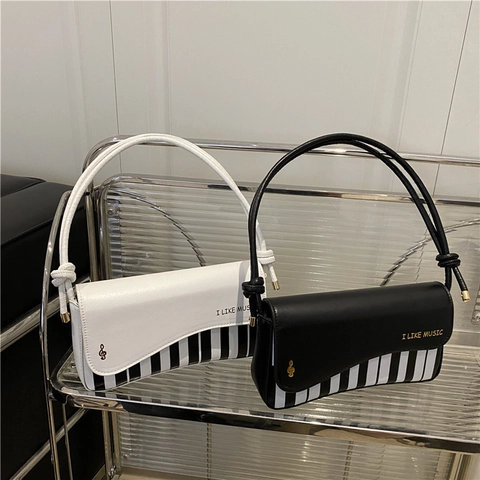 Sac À Épaule Motif Touches De Piano Pour Femmes Cuir PU Thème Musique Sac Sous L'Aisselle Baguette Avec Note Dorée Style Rétro
