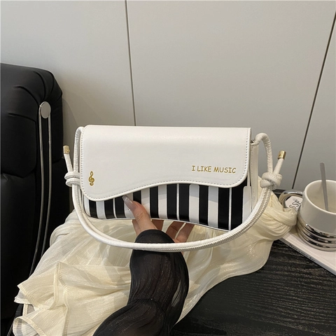 Borsa a Spalla da Donna con Design a Note Musicali e Motivo a Tasti di Pianoforte in Pelle PU con Lettera Stampata I Like Music