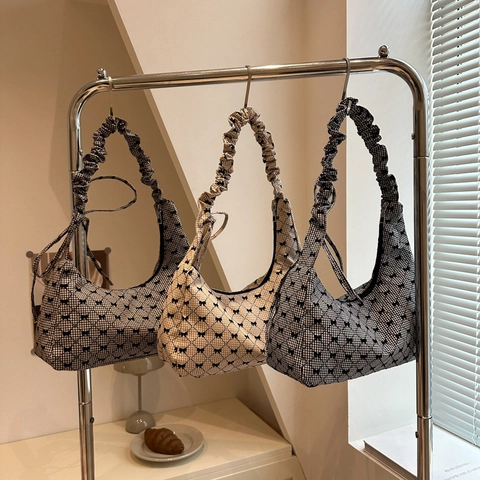 Dames Gingham Canvas Schoudertas Strik Ruched Riem Hobo Tote Retro Zoet Handtas Casual Tas