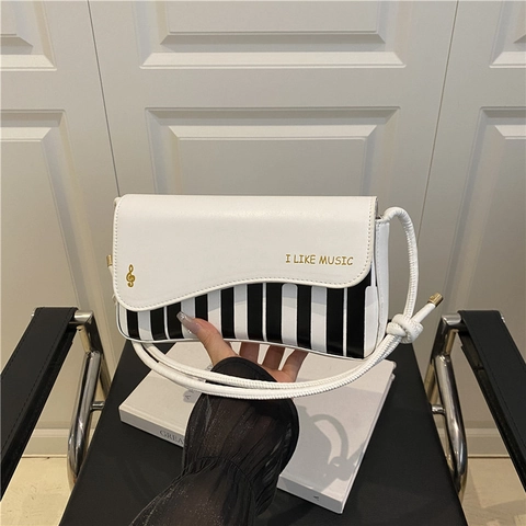 Women Piano Keyboard Pattern PU Leather Shoulder Bag Vintage Small Square Crossbody Bag With Music Note I Like Music Slogan