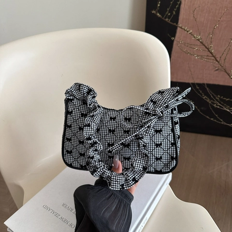 Borsa Sottobraccio Donna Tessuto Quadretti Gingham Diamante Con Decoro Fiocco Tracolla Arricciata Vintage Francese Dolce Borsa Spalla