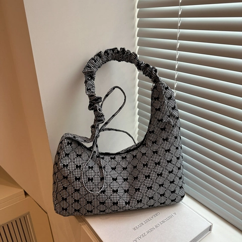 Dames Gingham Canvas Schoudertas Strik Ruched Riem Hobo Tote Retro Zoet Handtas Casual Tas