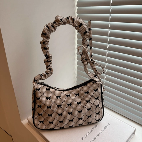 Borsa Sottobraccio in Nylon Gingham Donna Fiocco Stampa Tracolla Increspata Borsa a Mano Grande Capacità Casual Quotidiana Hobo