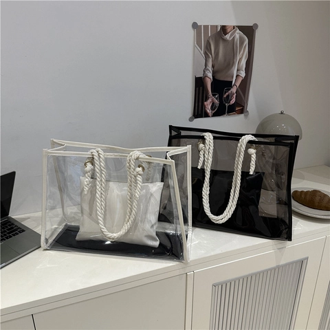 Durchsichtige PVC-Tragetasche Mit Innentasche Und Baumwollseilgriffen Transparente Schulterhandtasche Mit Großem Fassungsvermögen