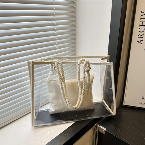 Durchsichtige PVC-Tragetasche Mit Innentasche Und Baumwollseilgriffen Transparente Schulterhandtasche Mit Großem Fassungsvermögen