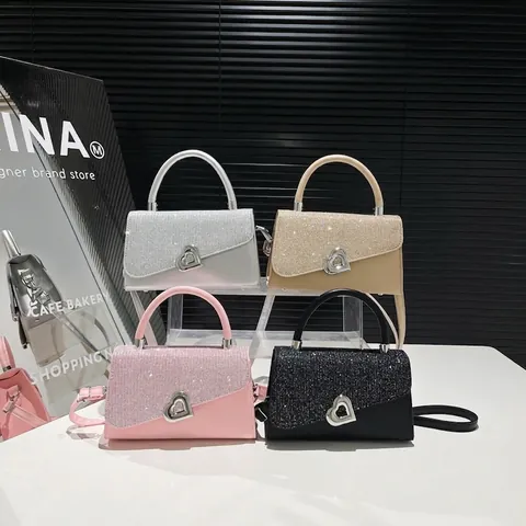 Trendy Damen Kleine Quadratische Tasche Mit Herz Metallschnalle Glitzer Pailletten Mode PU Leder Schulter Umhängetasche