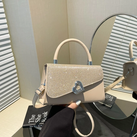 Sac à Main Femme à Rabat Pailleté Élégant Sac Bandoulière en Cuir PU Avec Fermoir Coeur pour Soirée Mariage Fête