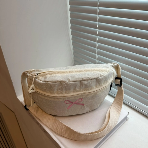Sac À Bandoulière Poitrine Femmes Nylon Broderie Nœud Sangle Réglable Sac Banane Décontracté Mode Douce