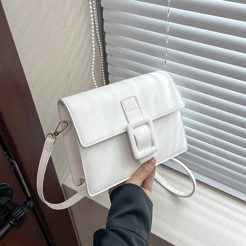 Women Shoulder Bag PU Leather Big Square Buckle Flap Crossbody Bag Retro Casual Commuter Fashion Trendy Handbag