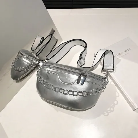 Shiny PU Leather Chest Bag For Women With Silver Metal Chain Adjustable Wide Shoulder Strap Fashion Crossbody Waist Bag