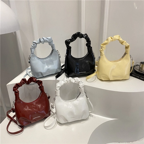 Bolso de Cubo con Asa Fruncida para Mujer Cuero PU Color Sólido Bolso de Hombro Cruzado Minimalista Elegante para Uso Diario