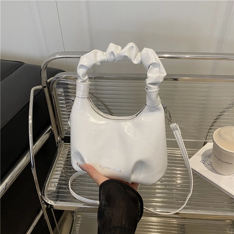 Women Shoulder Bag Glossy PU Leather Scrunchie Handle Removable Strap Fashion Korean Style Crescent Crossbody Handbag