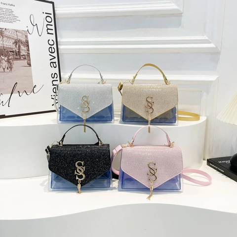 Mode Patchwork Quadratische Tasche Pailletten Klappe PVC Transparent Gesteppte Schultertasche Quaste Metall Logo Umhängetasche