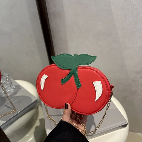 Novedad Bolso de Bandolera con Forma de Cereza para Mujer Lindo Cuero PU Fruta Roja Mini Bolso con Correa de Cadena de Metal Dorado