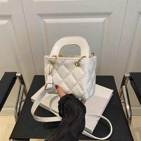 Mini Tote Bag Quilted Rhombic PU Leather Handbag Gold Hardware Crossbody Shoulder Purse Women Retro Elegant Trendy