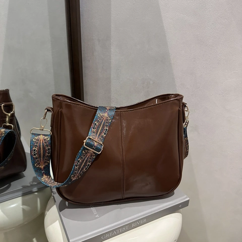 Women PU Leather Hobo Shoulder Bag Ethnic Embroidered Wide Strap Retro Large Capacity Crossbody Handbag Casual