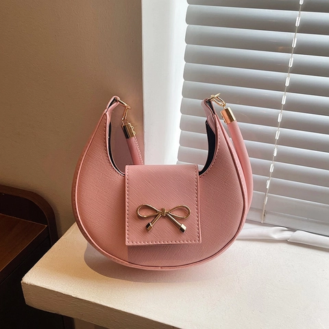 French Style Crescent Underarm Bag PU Leather Saffiano Texture Golden Bow Buckle Elegant Simple Shoulder Handbag Women