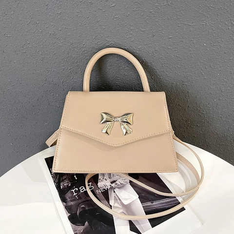 Women Shoulder Bag Pu Leather Metal Bow Decor Top Handle Flap Fashion Handbag Crossbody Elegant Sweet Casual Daily