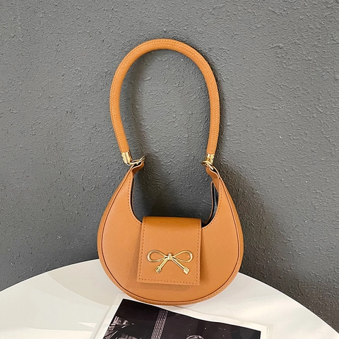 Fashion Women PU Leather Crescent Underarm Bag Elegant Solid Color With Bow Gold Metal Buckle Trendy Shoulder Bag For Daily Use
