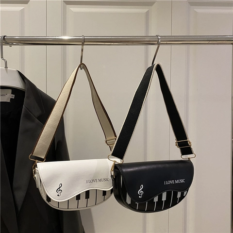 Piano Print Music Theme Saddle Bag Women Fashionable PU Leather Crossbody Shoulder Handbag With Wide Strap Casual
