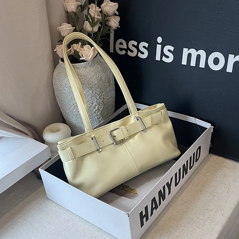 Sac Sous Le Bras Pour Femmes Cuir PU Baguette Minimaliste Sac À Épaule Avec Boucle De Ceinture Matériel Argenté Rétro