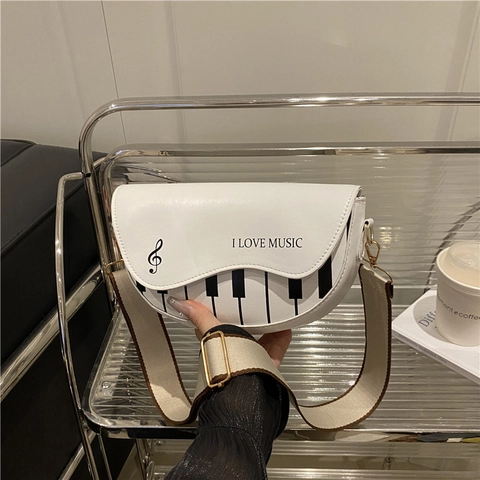 Piano Print Music Theme Saddle Bag Women Fashionable PU Leather Crossbody Shoulder Handbag With Wide Strap Casual
