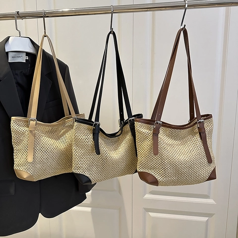 Gewebte Stroh Tragetasche Für Damen Große Kapazität Lochmuster Sommer Strand Schultertasche Mit Verstellbaren Lederriemen