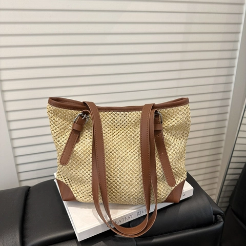 Dames Bohemian Stro Tote Bag Met Contrast PU Leren Bies Grote Capaciteit Hol Geweven Schoudertas Voor Zomer Strand Vakantie