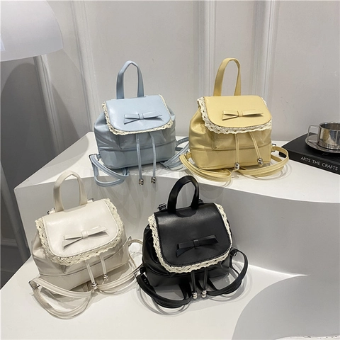 Mini Rucksack Für Damen Mädchen PU Leder Süße Schleife Spitze Trimmen Süßer Balletcore Stil Kordelzug Klappe Mode Tasche