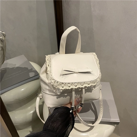 Mini Rucksack Für Damen Mädchen PU Leder Süße Schleife Spitze Trimmen Süßer Balletcore Stil Kordelzug Klappe Mode Tasche